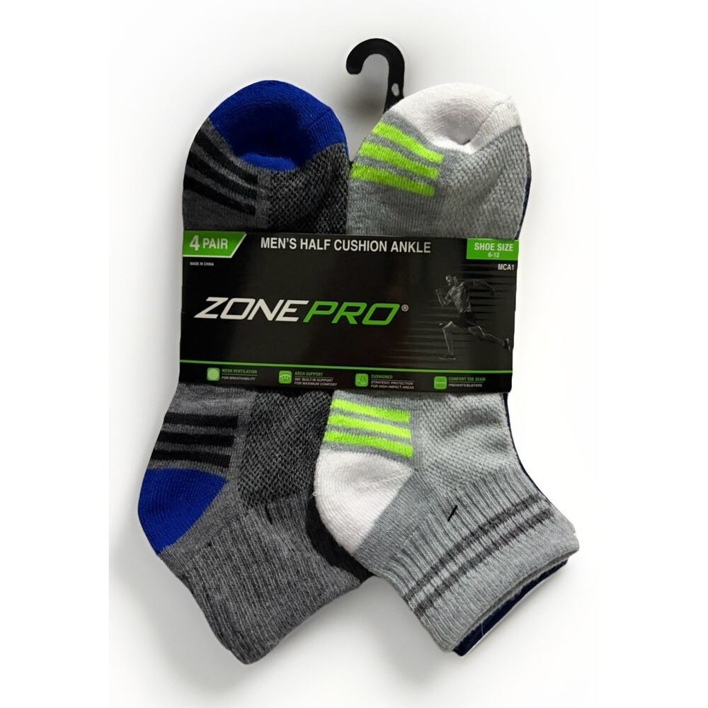 Zone Pro Men’s Half Cushion Ankle Socks 4 Pair Athletic Shoe Size 6-12 NEW